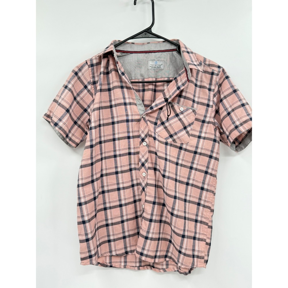 Test of Time Large 14 Button Down Shirt Boys Pink Plaid Short Sleeve Tartan